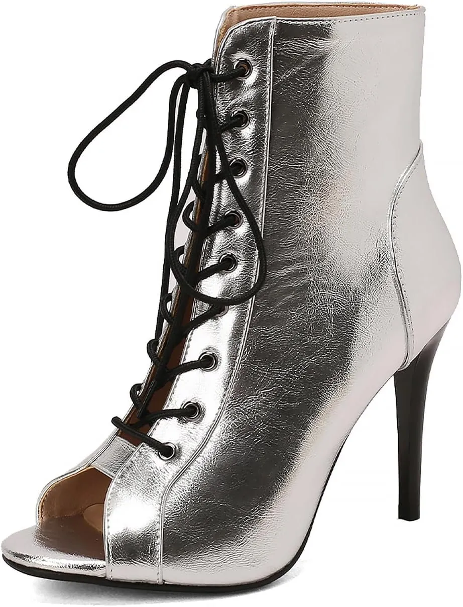 YKXLM Latin Dance Boots Salsa Women Ballroom Lace-up Ankle Open Toe Dance Shoes,9676-1,Silver,5.5US