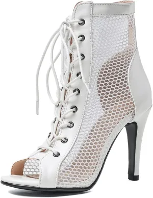 YKXLM Women Open Toe Dance Boots Latin Salsa Ballroom Lace-up Ankle Dance Shoes,B55,3 inch Heel,White,9 US