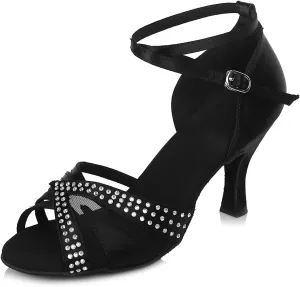 YKXLM Women Rhinestone Ballroom Dance Shoes Latin Performance Dance Shoes Women Suede Sole,L165,2 1/3 inches Heel,Black,7US