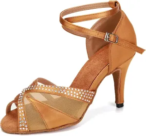 YKXLM Women Rhinestone Ballroom Dance Shoes Latin Performance Dance Shoes Women Suede Sole,L165,3 1/3 inches Heel,Brown,9US